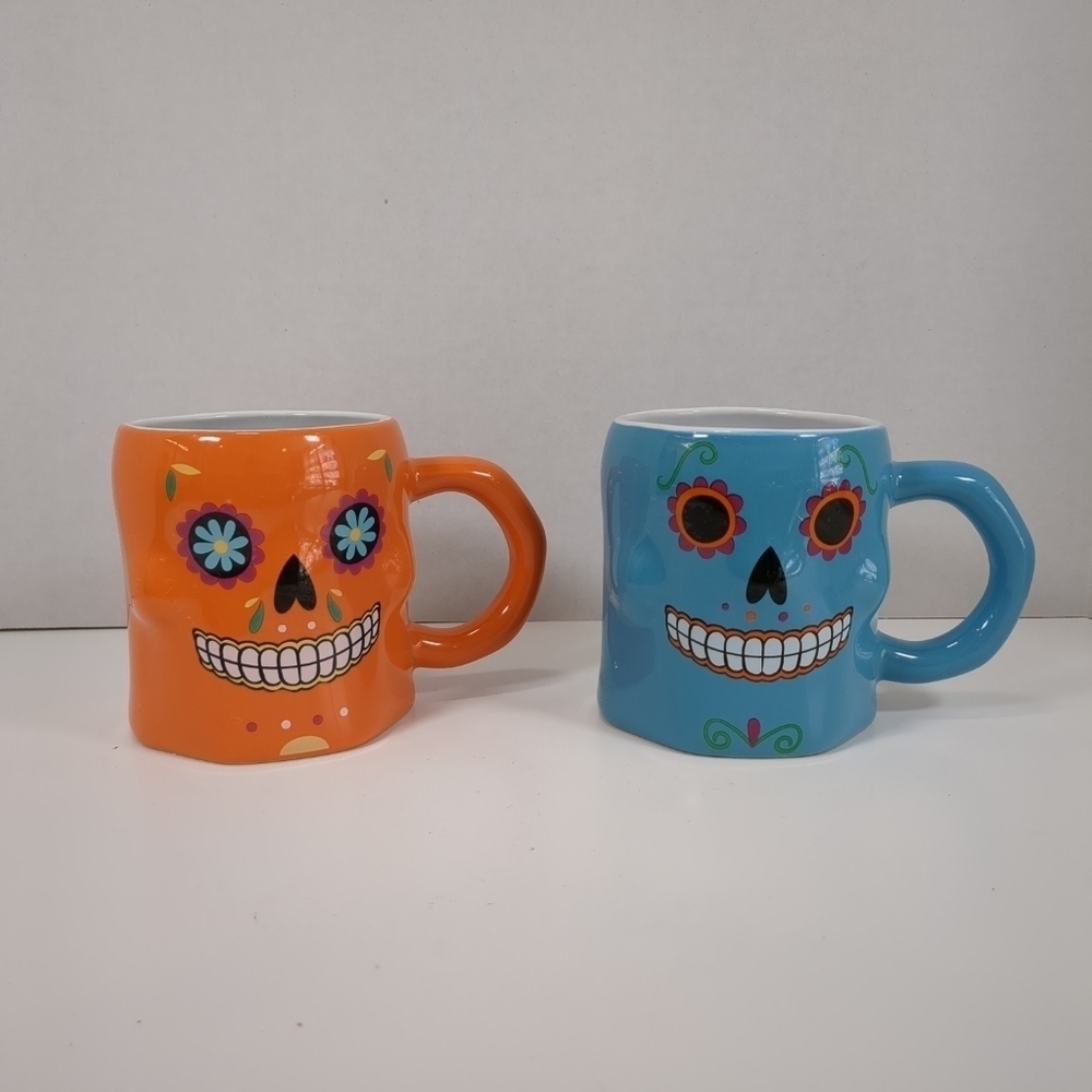 Sugar Skull coffee mugs, blue and orange, day of the dead, Halloween, both mugs